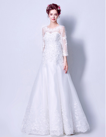 Stylish Classic A-Line Floor Length Wedding Dress with 3/4 Long Sleeves