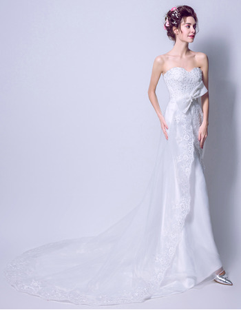 Custom Elegant Sheath Sweetheart Sleeveless Sweep Train Satin Wedding Dress