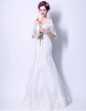 Affordable Elegant Trumpet Off-the-shoulder Wedding Dress with Half Sleeves