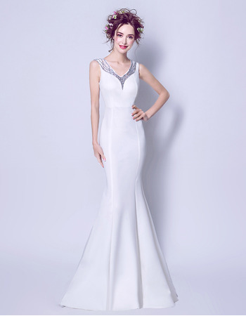 Sexy Elegant Mermaid V-Neck Sleeveless Floor Length Satin Wedding Dress