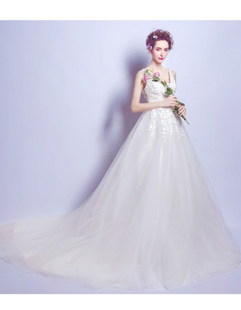 Elegant V-Neck Court Train Satin Bridal Wedding Dress