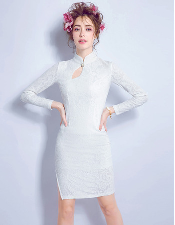 Inexpensive Modern Mini Lace Short Petite Wedding Dress with Long Sleeves