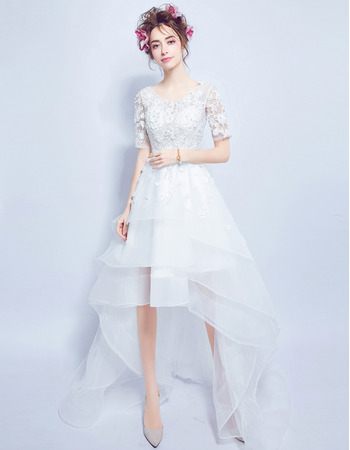 Modern Charming A-Line High-Low Organza Wedding Dress with Short Sleeves