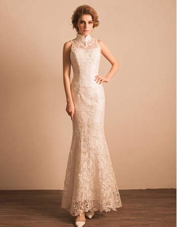 Custom Modern Sheath Mandarin Collar Floor Length Lace Reception Wedding Dress