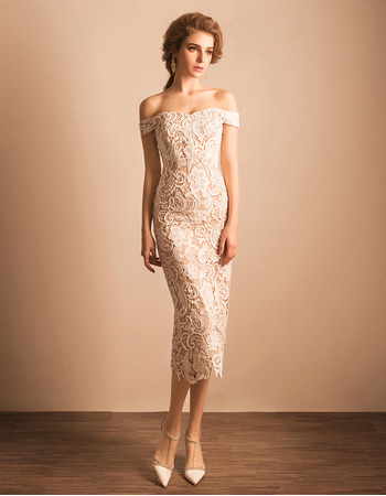 Affordable Vintage Off-the-shoulder Tea Length Lace Reception Wedding Dress