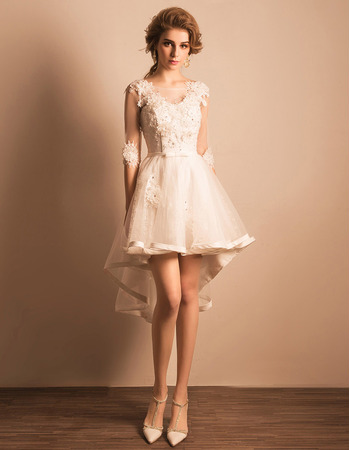 Charming Modern High-Low Short Petite Wedding Dress with Half Sleeves