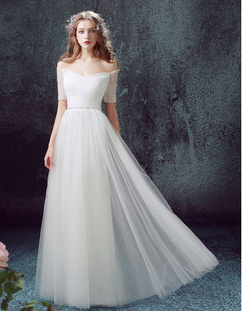 Designer Off-the-shoulder Long Organza Wedding Dress with Short Sleeves