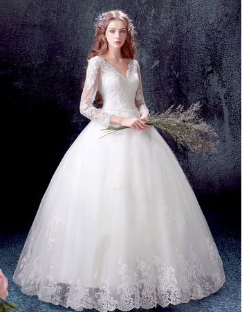 Custom Classic Ball Gown V-Neck Floor Length Wedding Dress with Long Sleeves