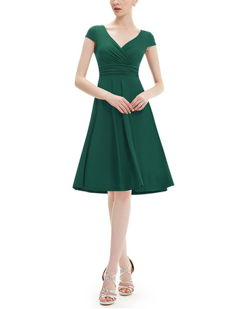 Vintage V-Neck Knee Length Chiffon Green Bridesmaid Dress with Short Sleeves