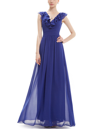 Vintage V-Neck Long Chiffon Ruffle Blue Bridesmaid Dress for Wedding