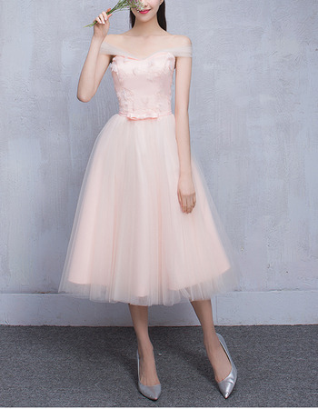 Elegant Off-the-shoulder Knee Length Satin Tulle Bridesmaid Wedding Dress