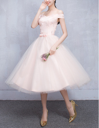 Cheap Off-the-shoulder Knee Length Satin Tulle Bridesmaid Wedding Dress