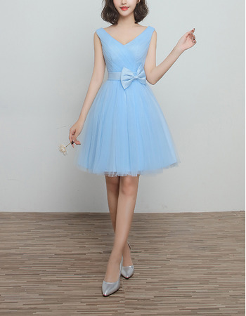 Affordable V-Neck Knee Length Satin Tulle Lace-Up Bridesmaid Wedding Dress