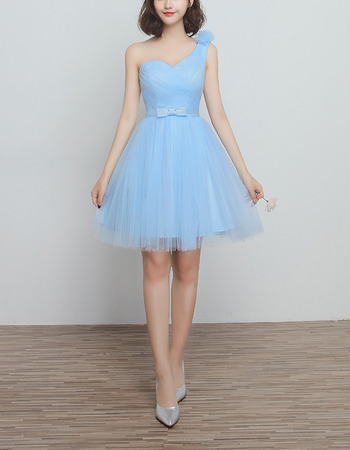 Elegant One Shoulder Knee Length Satin Tulle Bridesmaid Wedding Dress