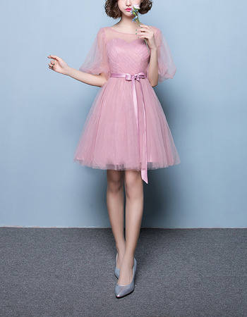 Modest Short Satin Tulle Bridesmaid Wedding Dress with Short Sleeves