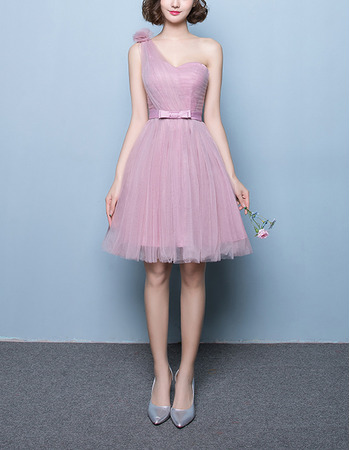 Modest A-Line One Shoulder Short Satin Tulle Bridesmaid Wedding Dress