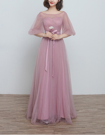 Inexpensive Long Satin Tulle Bridesmaid Wedding Dress with Short Sleeves