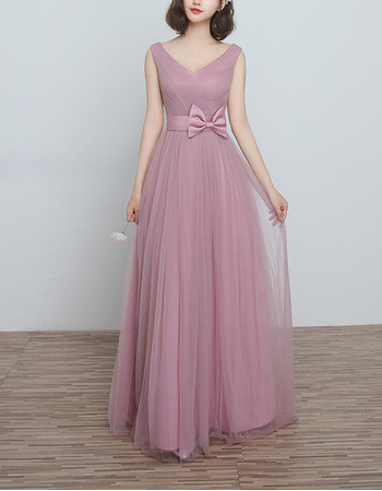 New V-Neck Long Satin Tulle Bridesmaid Wedding Dress