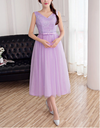 Cheap V-Neck Sleeveless Tea Length Lace Tulle Beach Bridesmaid Dress