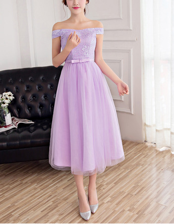 Elegant Off-the-shoulder Tea Length Lace Tulle Bridesmaid Dress