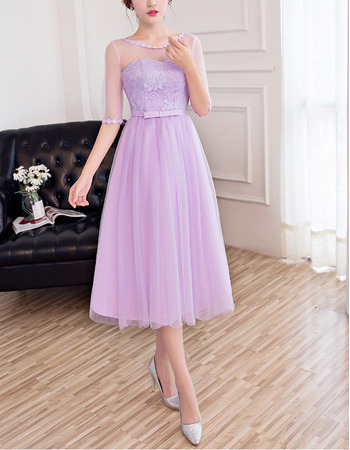 Empire Waist Tea Length Lace Tulle Bridesmaid Dress with Half Sleeves