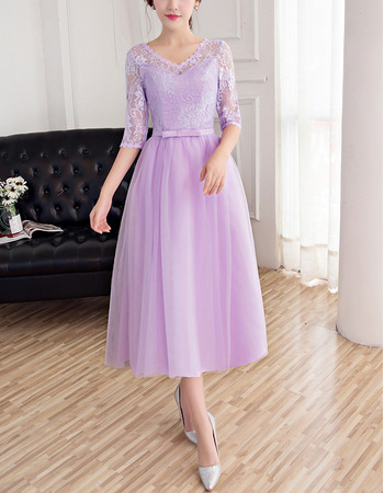 Elegant V-Neck Tea Length Bridesmaid Dress with Half Lace Sleeves