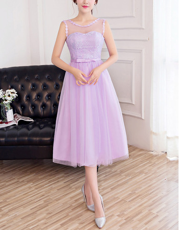 Designer Sleeveless Tea Length Tulle Satin Bridesmaid Dress