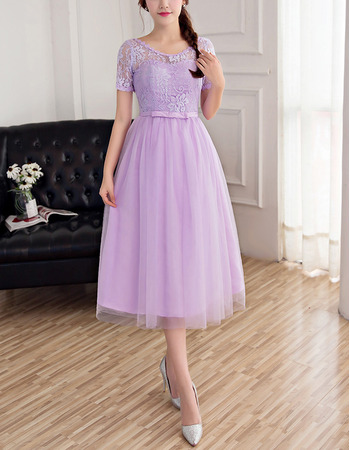 Simple Tea Length Lace Bridesmaid Dress with Short Sleeves