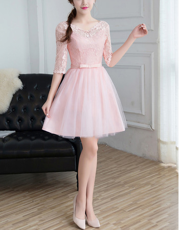 Customized V-Neck Mini/ Short Bridesmaid Dress with Half Lace Sleeves