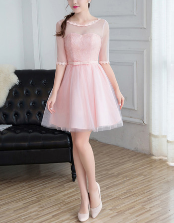 Sprint Tulle Satin Mini/ Short Bridesmaid Dress with Half Sleeves