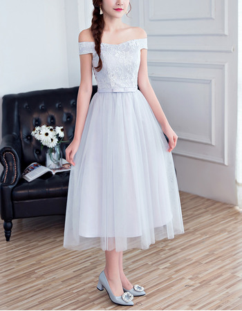 Inexpensive A-Line Off-the-shoulder Tea Length Bridesmaid Dress