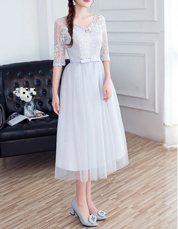 Elegant V-Neck Tea Length Bridesmaid Dress with Half Sleeves