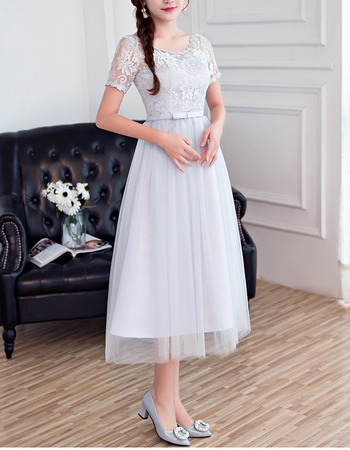 Romantic Tea Length Bridesmaid Dress with Short Sleeves