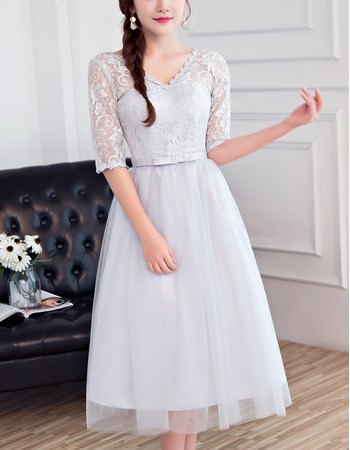 Customized V-Neck Tea Length Bridesmaid Dress with Half Lace Sleeves