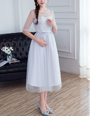 Cheap Tea Length Satin Tulle Bridesmaid Dress with Half Sleeves