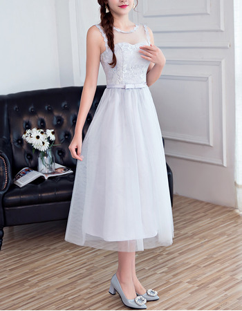 Blush Sleeveless Tea Length Satin Tulle Bridesmaid Dress