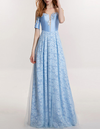 Beautiful Full Length Lace Satin Formal Evening Dress with Short Sleeves