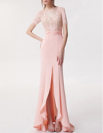 Latest Style High-Low Chiffon Lace Formal Evening Dress with Short Sleeves