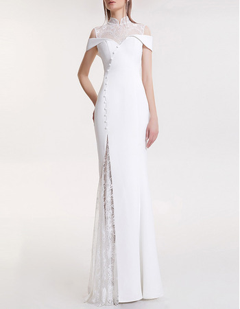 Latest Mandarin Collar Full Length Satin Lace Formal Evening Dress
