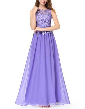 Beautiful Elegant A-Line Full Length Chiffon Formal Evening Dress with Lace Top