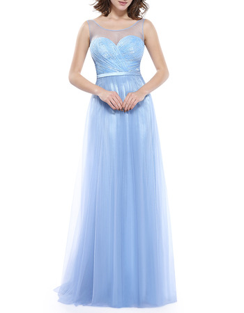 Designer Sleeveless Full Length Taffeta Organza Baby Blue Formal Evening Dress