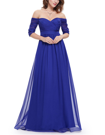 Sexy Off-the-shoulder Long Blue Chiffon Evening Dress with Half Sleeves