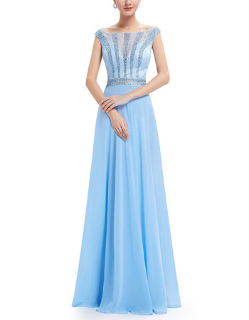 Inexpensive Bateau Floor Length Chiffon Lace Evening/ Prom Dress