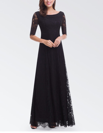 Affordable Long Lace Black Formal Evening Dress with Half Sleeves