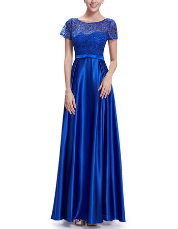 Simple Long Satin Applique Blue Fromal Evening Dress with Short Sleeves ...