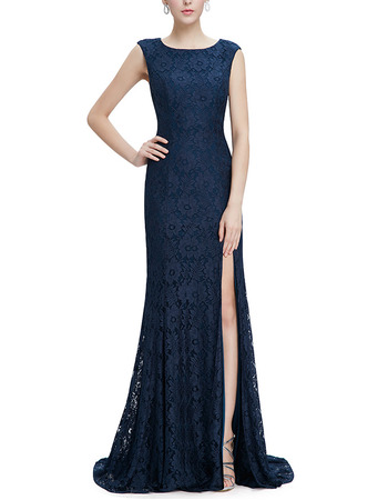 Women Fashion Sheath Sleeveless Sweep Train Lace Slit Prom Evening Dress