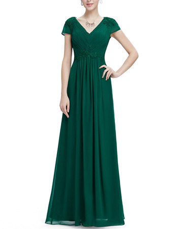 Inexpensive V-Neck Long Chiffon Formal Evening Dress with Short Sleeves