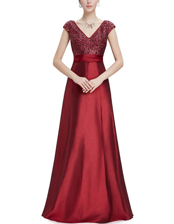 Elegant V-Neck Long Sequin Formal Evening Dress with Cap Sleeves