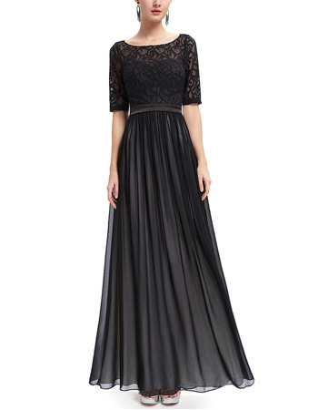 Simple Long Chiffon Lace Black Formal Evening Dress with Half Sleeves