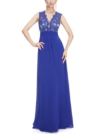 Affordable V-Neck Long Chiffon Tulle Applique Formal Evening Dress